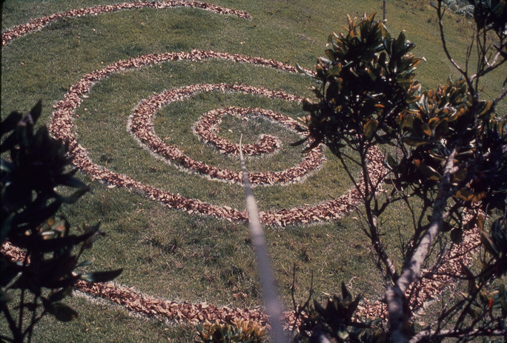 Luis Villamizar. Espiral de hojas, 1977. Colonia Tovar, estado Aragua. Registro fotográfico de acción-intervención en diapositiva 35mm.