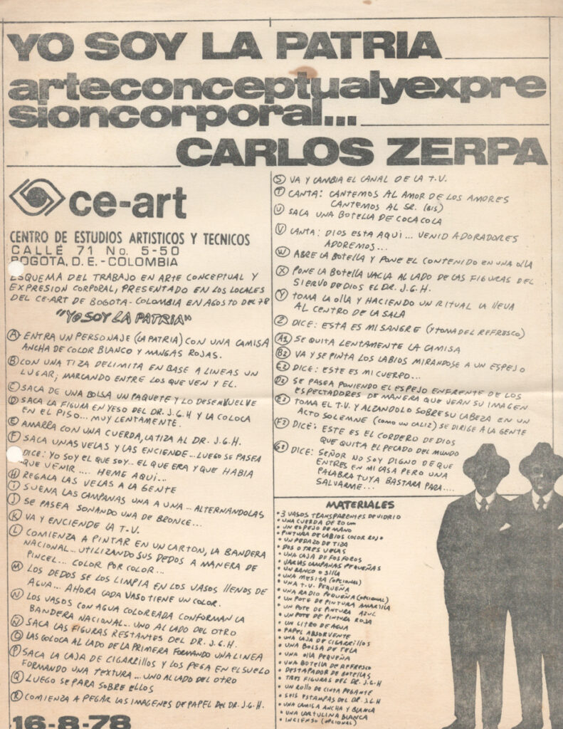 Carlos Zerpa. Yo soy la patria. Carlos Zerpa. Arte conceptual y expresión corporal. Esquema de trabajo [folleto], Centro de Estudios Artísticos y Técnicos Ce-Art, Bogotá, 1978.