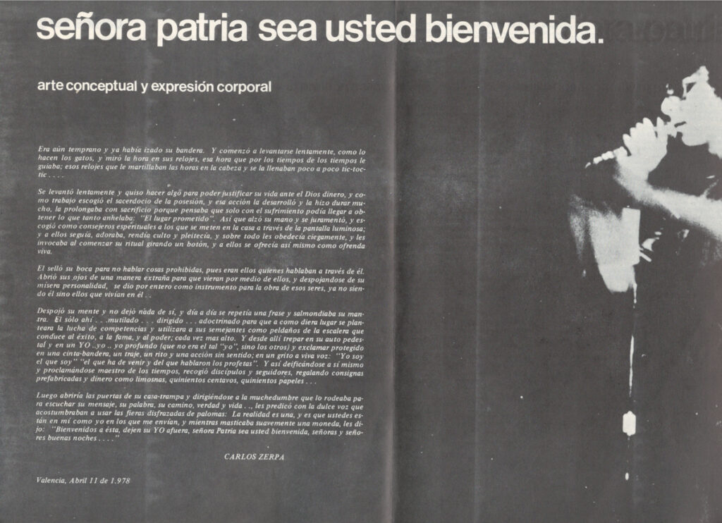 Carlos Zerpa. Carlos Zerpa. Señora patria sea usted bienvenida. Arte conceptual y expresión corporal [folleto], sin más datos, Valencia, 1978.