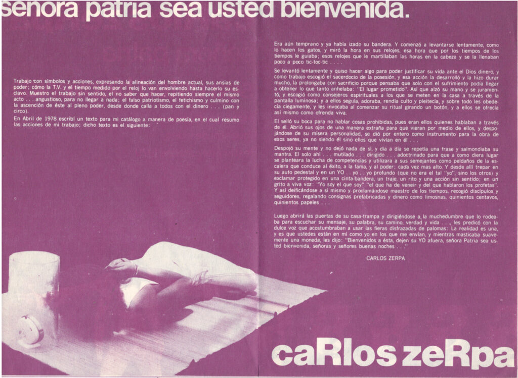 Carlos Zerpa. Carlos Zerpa. Señora patria sea usted bienvenida. Video-performance [folleto], Muestra de Video, Festival de Caracas, Caracas, 1979. 