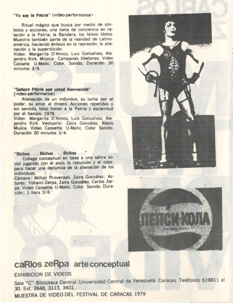 Carlos Zerpa. Muestra de Video [folleto], Muestra de Video, Festival de Caracas, Caracas, 1979. 