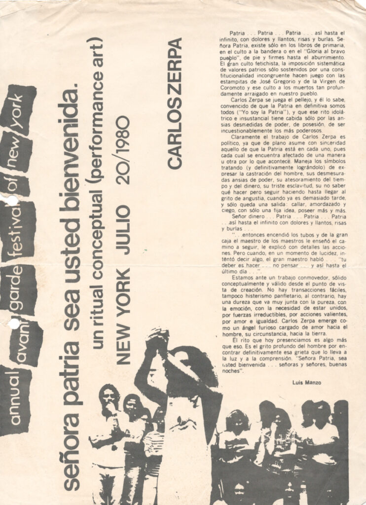 Carlos Zerpa. Carlos Zerpa. Señora Patria, sea usted bienvenida. Un ritual conceptual (Performance art) [folleto], Annual Avant Garde Festival, Nueva York, 1980. 