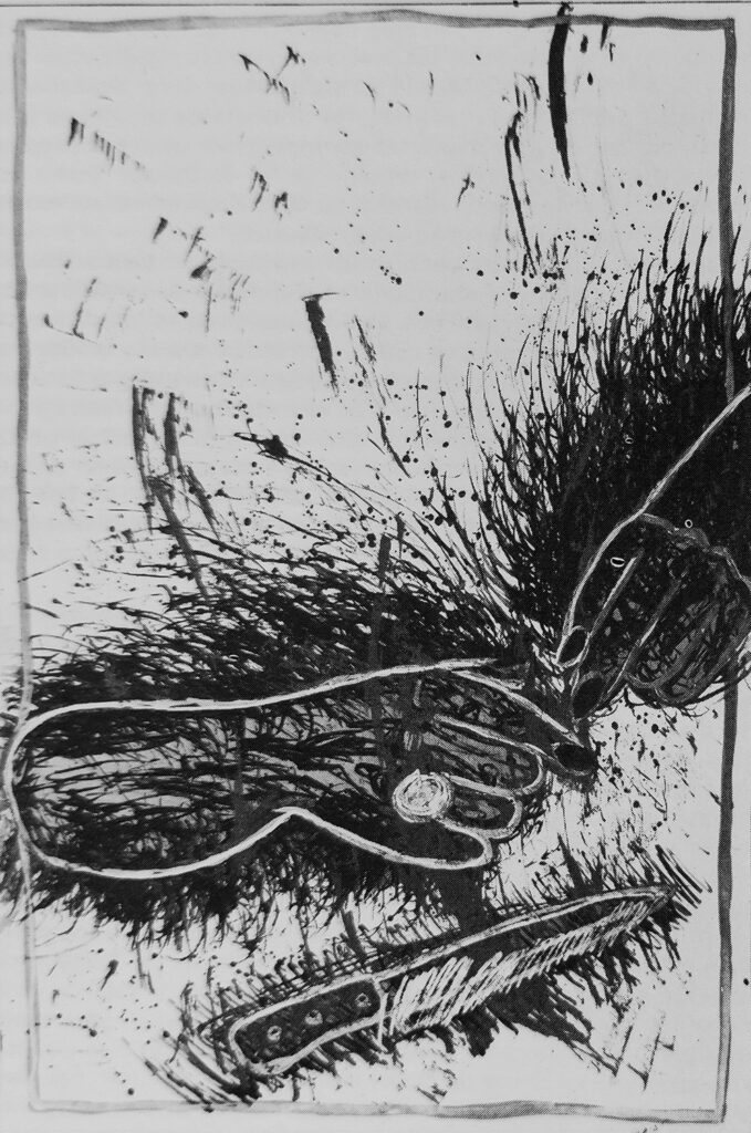 Carlos Zerpa. Esquizoide, 1983. Serie Heavy Metal. Tinta china, tinta metálica, acrílico, acuarela y escarcha sobre papel, 91,5 x 61,5 cm