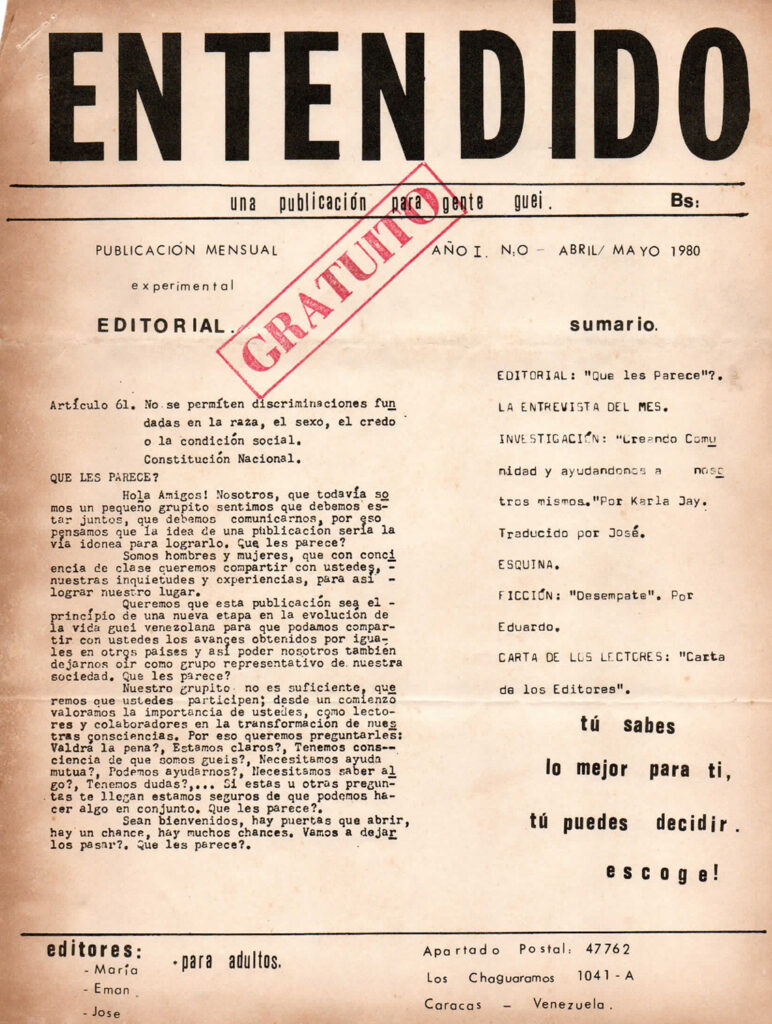 “¿Qué les parece?”. En: Entendido, año 1, no. 0, Caracas, abril – mayo 1980, portada. 