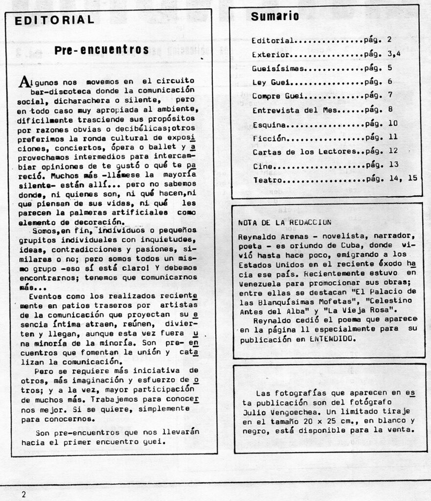“Pre-encuentros”. En: Entendido, año 1, no. 2, Caracas, agosto 1980, p. 2.