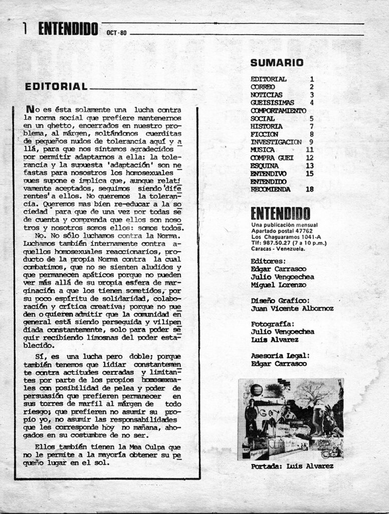 “Editorial”. En: Entendido, año 1, no. 3, Caracas, octubre 1980, p. 1.