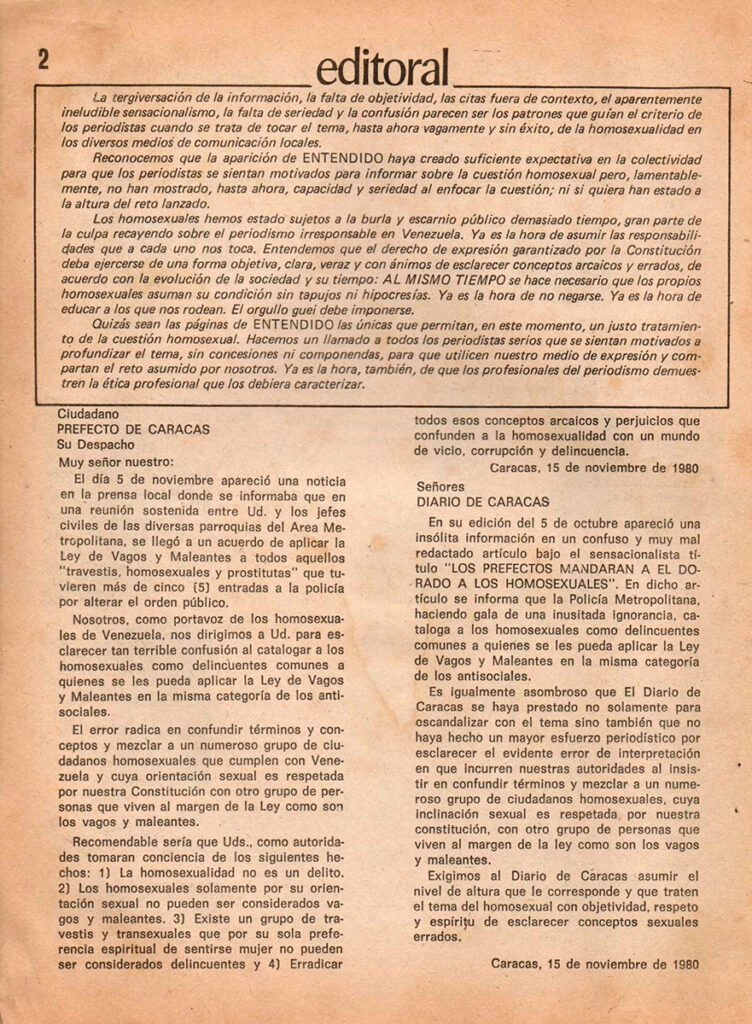 “Editorial”. En: Entendido, año 1, no. 4, Caracas, diciembre 1980 – enero 1981, p. 2.