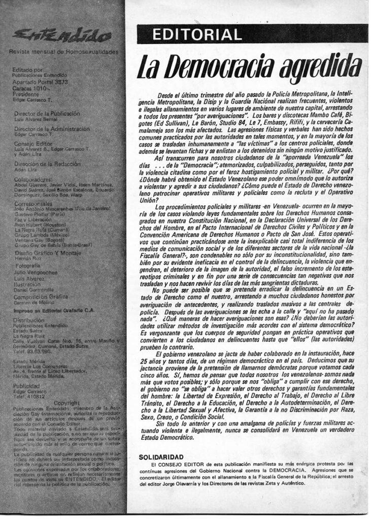 “La democracia agredida”. En: Entendido, no. 7, Caracas, 1983, p. 4.