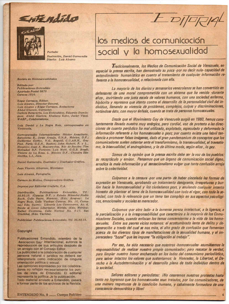 “Los medios de comunicación social y la homosexualidad”. En: Entendido, no. 8, Caracas, 1983, p. 4.