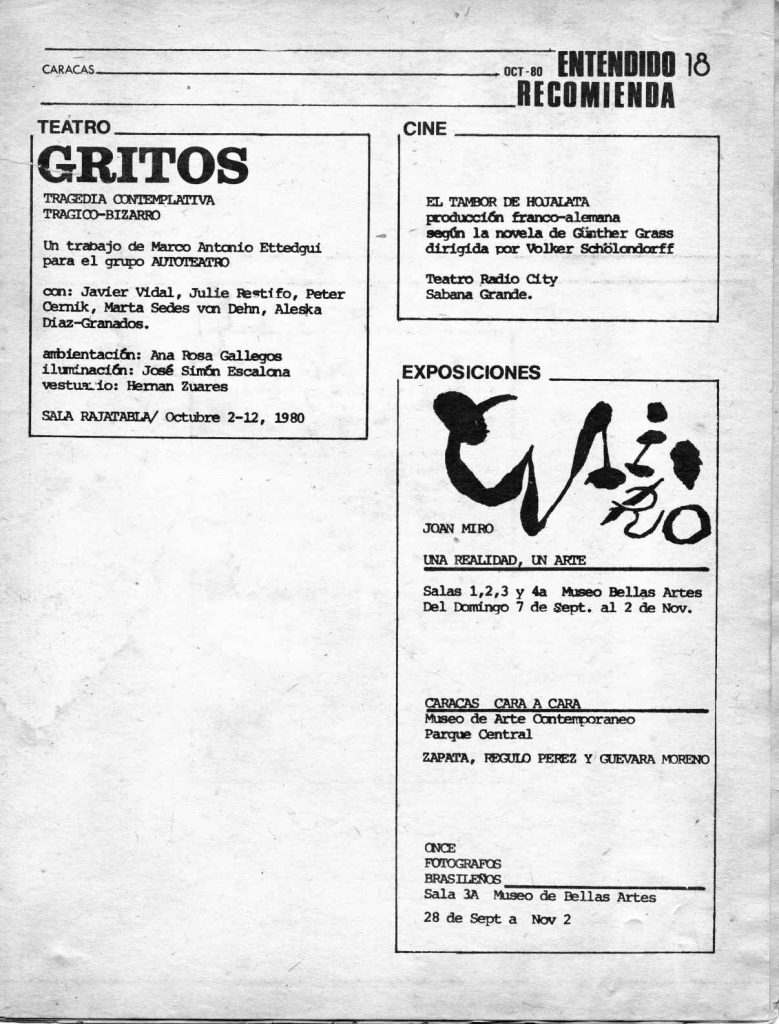 “Entendido recomienda”. En: Entendido, año 1, número 3, Caracas, octubre 1980, p. 18