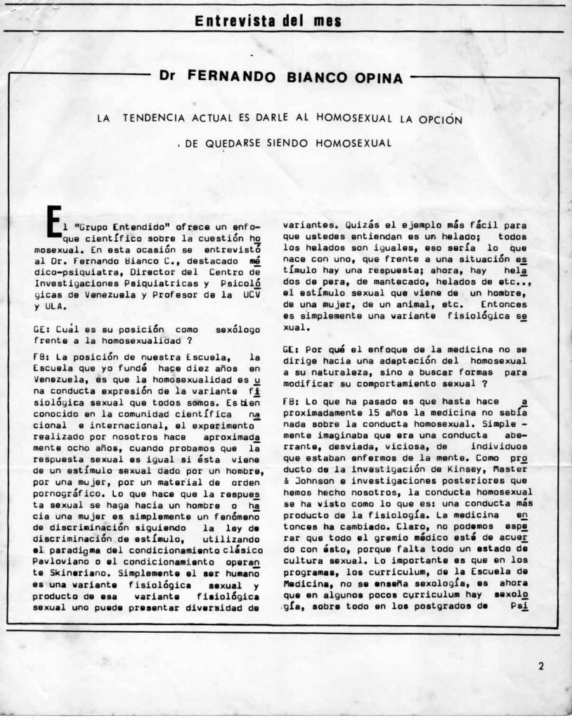 “Dr. Fernando Bianco opina” Entrevista del mes. En: Entendido, año 1, número 1, Caracas, julio 1980, p. 2-3
