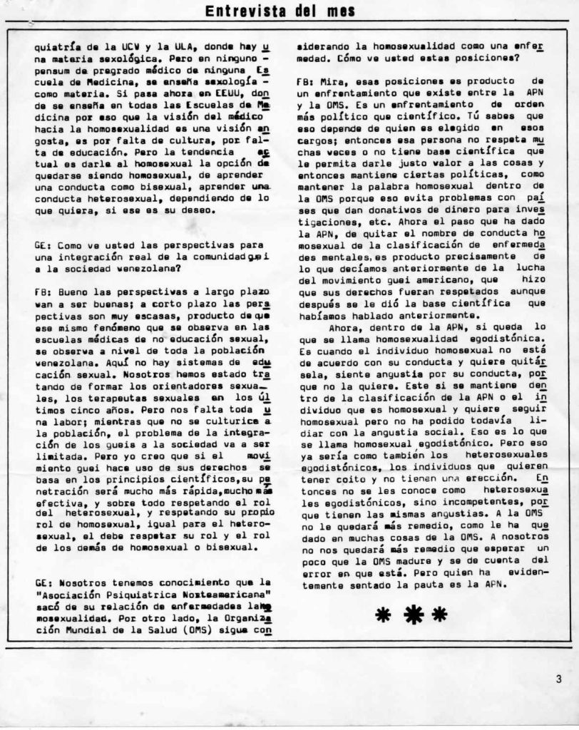 “Dr. Fernando Bianco opina” Entrevista del mes. En: Entendido, año 1, número 1, Caracas, julio 1980, p. 2-3