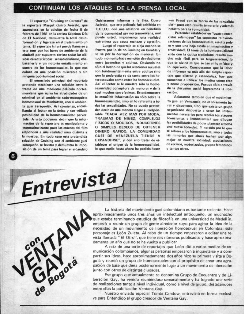 “Entrevista con Ventana Gay de Bogotá”. En: Entendido, año 2, número 5, marzo-abril 1981, p. 6-7