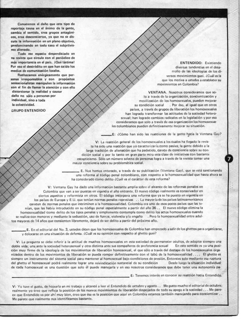 “Entrevista con Ventana Gay de Bogotá”. En: Entendido, año 2, número 5, marzo-abril 1981, p. 6-7