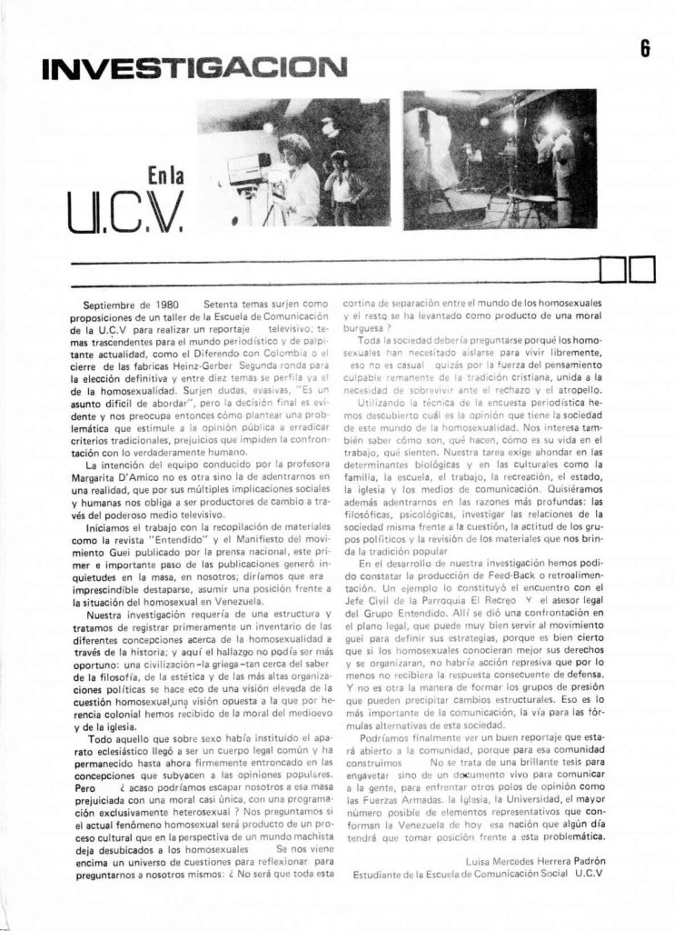 “En la U.C.V.” Investigación. En: Entendido, año 1, número 4, enero 1980-1981, p. 6.