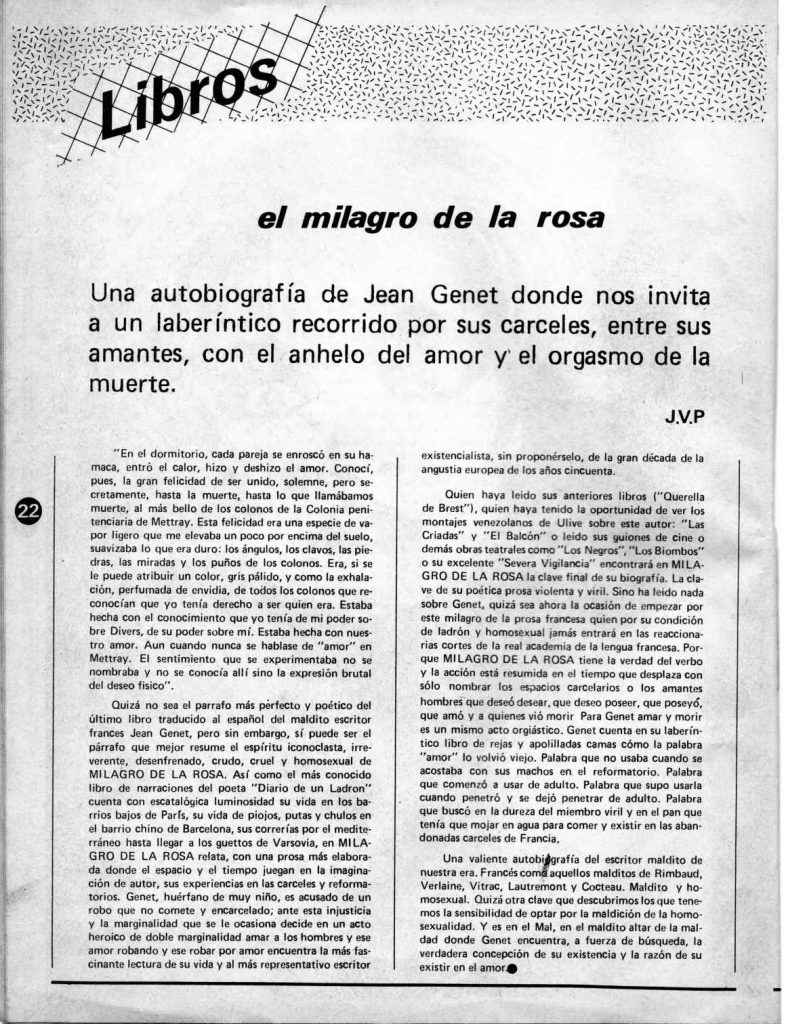 “El milagro de la rosa de Jean Genet”. En: Entendido, año 2, número 5, Caracas, 1981, p. 22.