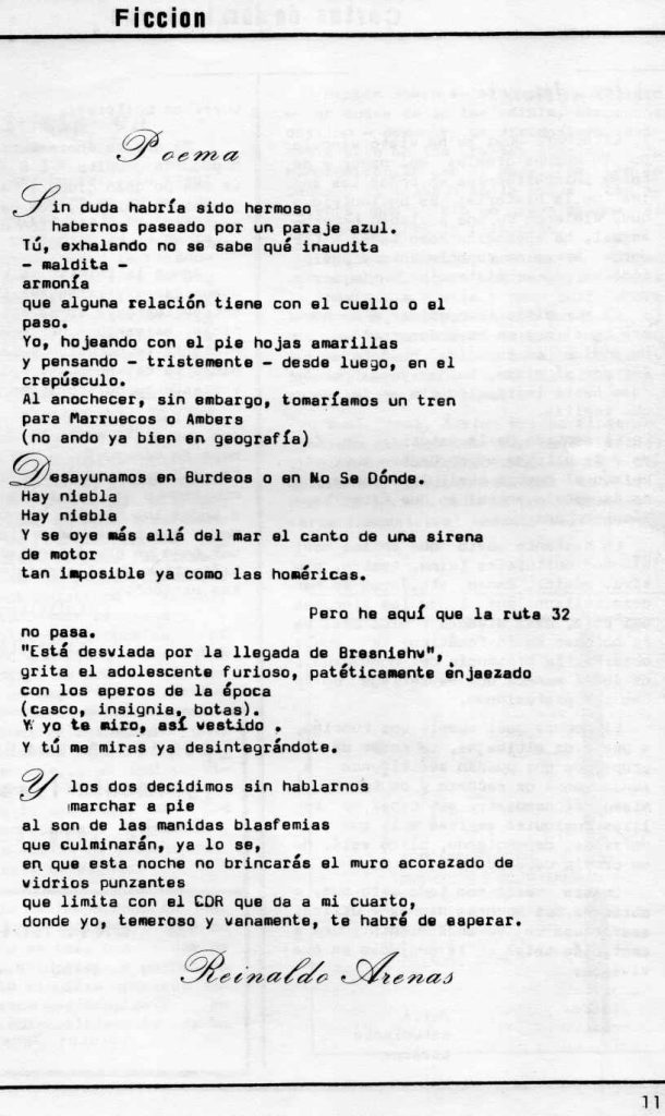 Poema de Reinaldo Arenas En: Entendido, año 1, número 3, Caracas, octubre 1980, p. 11.