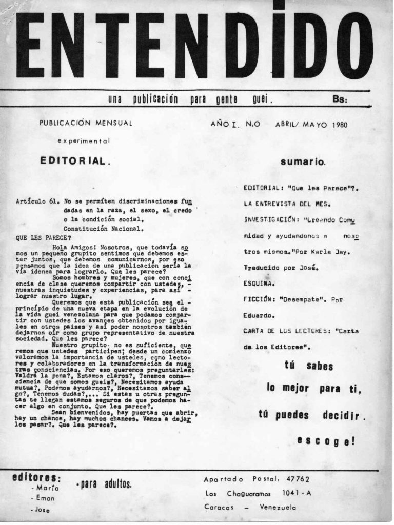 “¿Qué les parece?”. En: Entendido, año 1, número 0, Caracas, abril – mayo 1980, portada. 