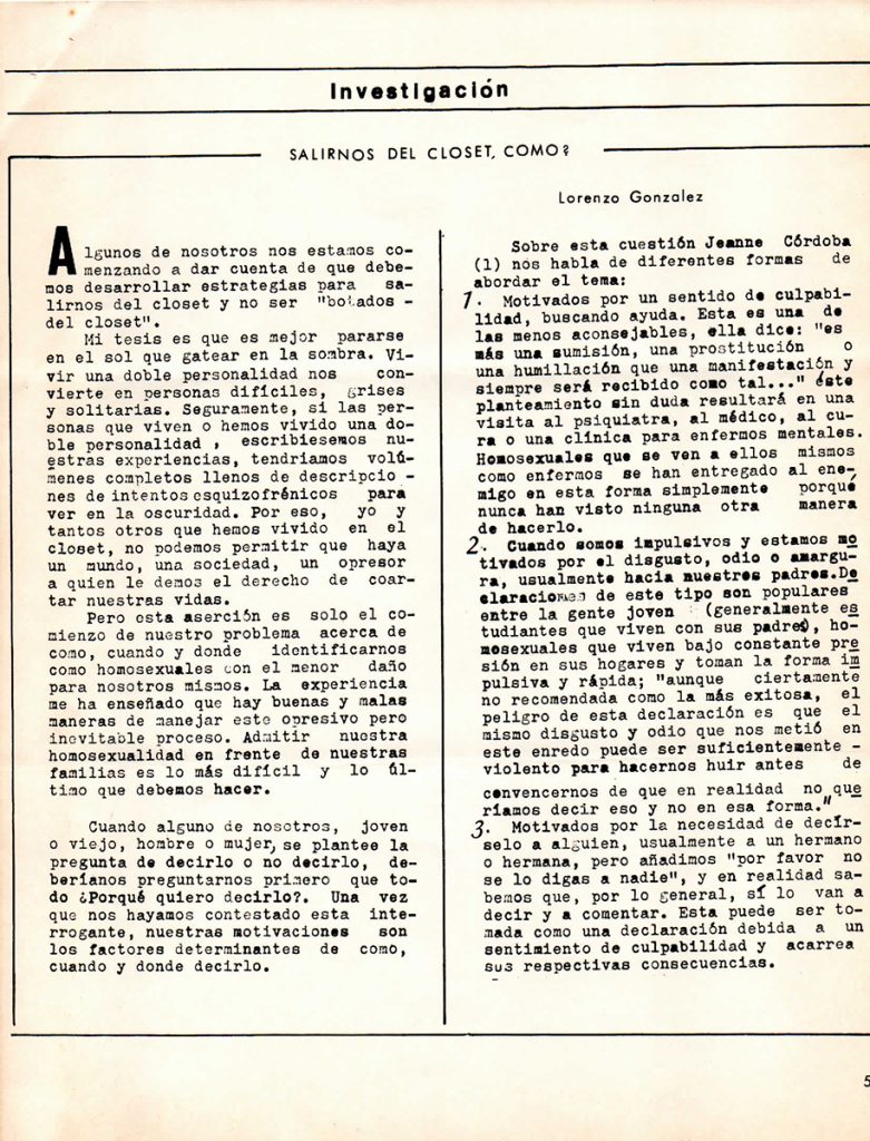 Lorenzo González. “Salirnos del closet, ¿cómo?”. En: Entendido, año 1, no. 1, Caracas, julio 1980, p. 5.