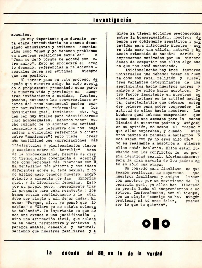 Lorenzo González. “Salirnos del closet, ¿cómo?”. En: Entendido, año 1, no. 1, Caracas, julio 1980, p. 7.