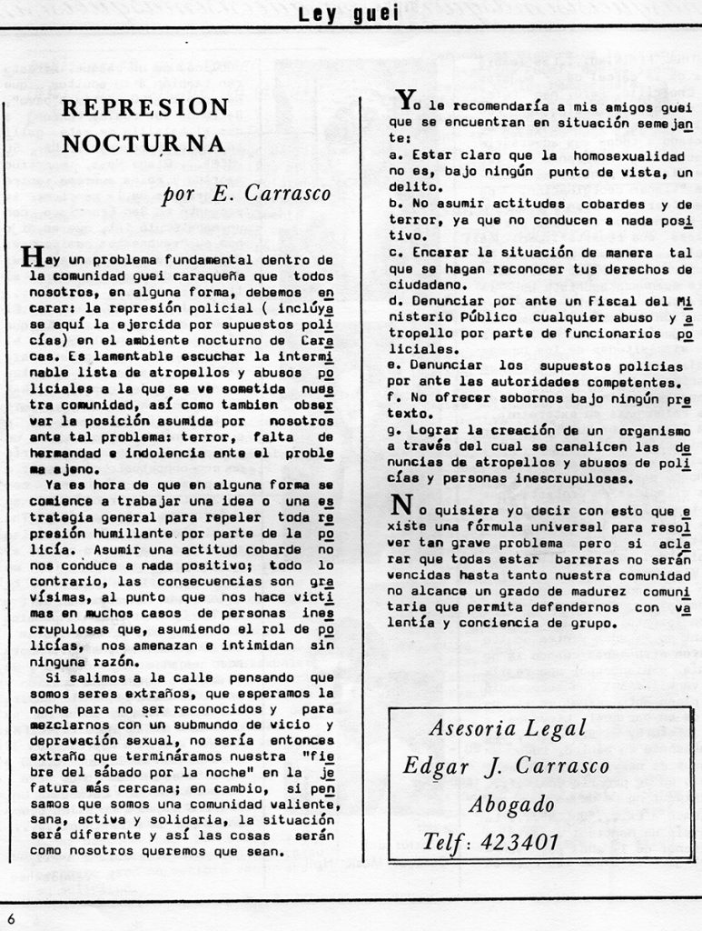 Edgar Carrasco. “Represión nocturna”. En: Entendido, año 1, no. 2, Caracas, agosto 1980, p. 6.
