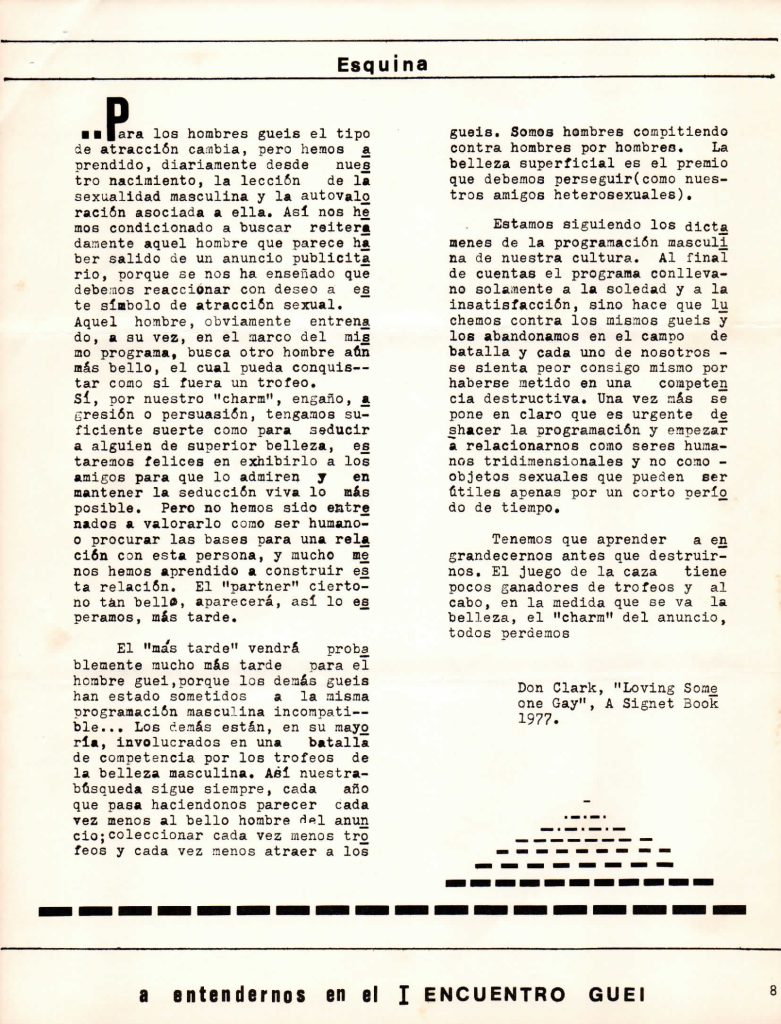 Extracto del libro Loving Someone Gay (1977) de Don Clark. En: Entendido, año 1, no. 1, Caracas, julio 1980, p. 8.  