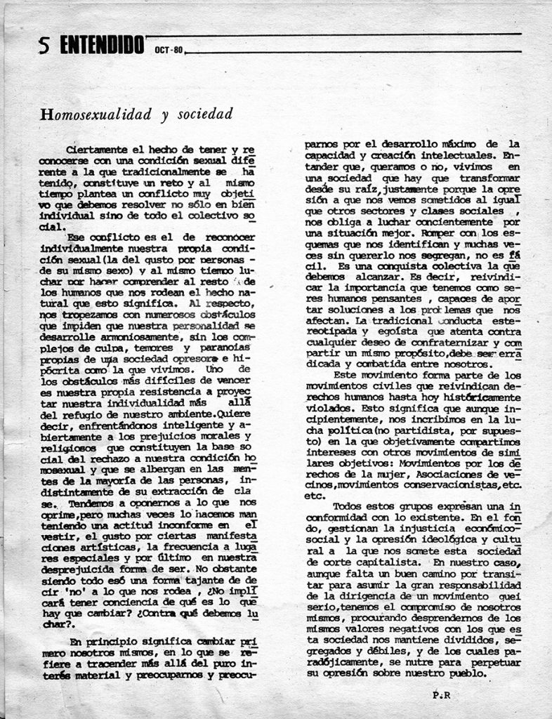 P.R. “Homosexualidad y sociedad”. En: Entendido, año 1, no. 3, Caracas, octubre 1980, p. 5.