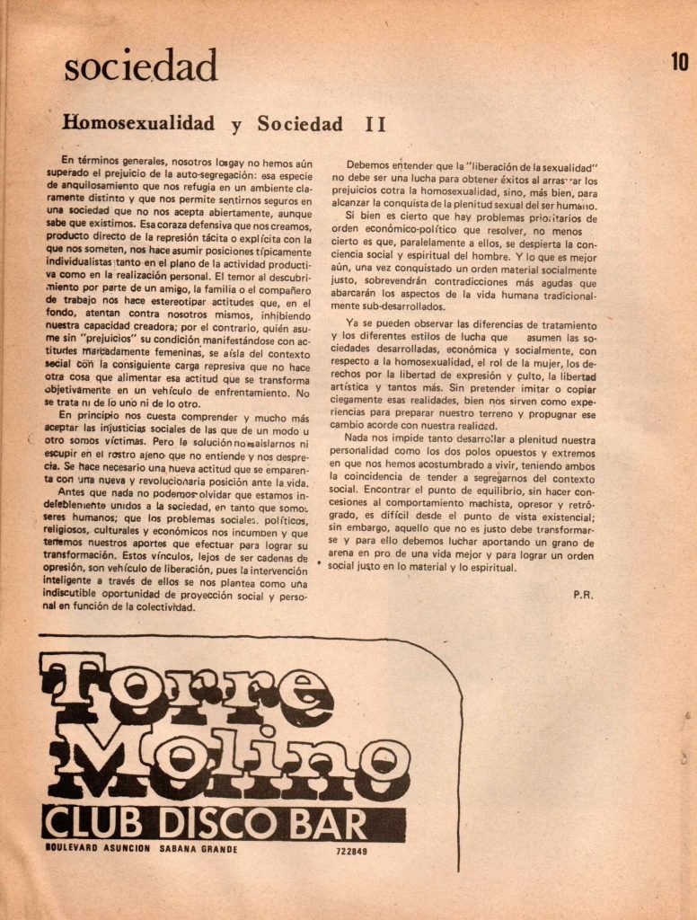 P.R. “Homosexualidad y sociedad II”. En: Entendido, año 1, no. 4, Caracas, diciembre 1980 – enero 1981, p. 10.
