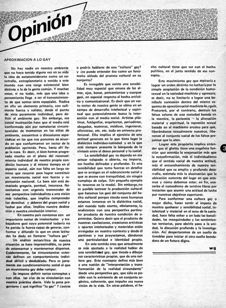 W.G. “Aproximación a lo gay”. En: Entendido, año 2, no. 6, Caracas, 1981, p. 3.