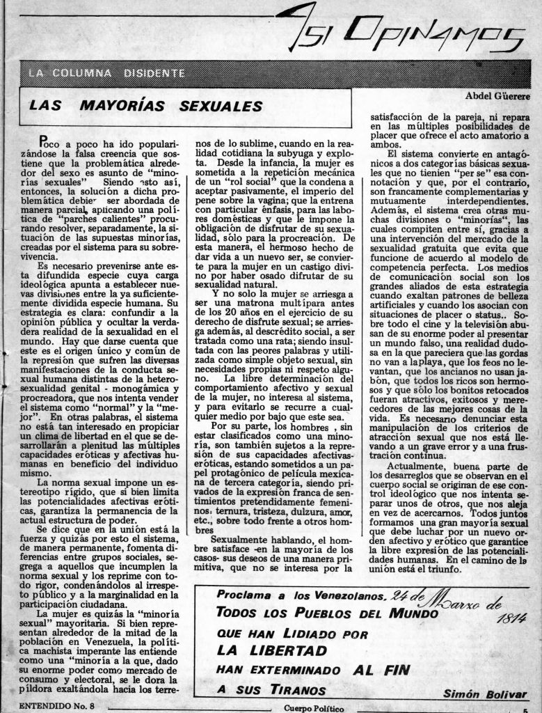 Abdel Güerere. “Las mayorías sexuales”. En: Entendido, no. 8, Caracas, 1983, p. 5.