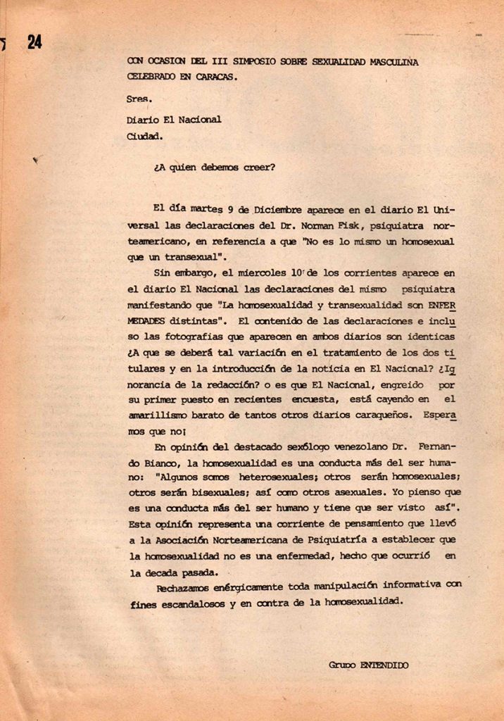 Grupo Entendido. “Con ocasión del III Simposio sobre sexualidad masculina celebrado en Caracas” [Carta a El Nacional]. En: Entendido, año 1, no. 4, Caracas, diciembre 1980 – enero 1981, p. 24. 