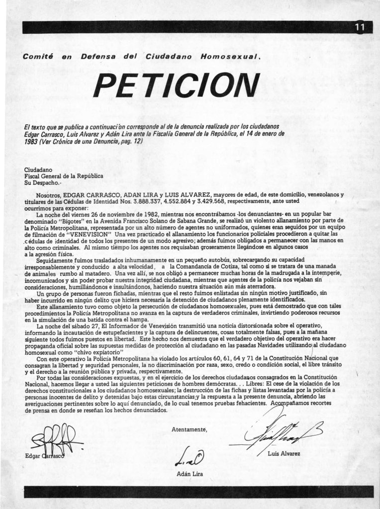 Comité en Defensa del Ciudadano Homosexual. “Petición” [Carta al Ciudadano Fiscal General de la República]. En: Entendido, no. 7, Caracas, 1983, p. 11.