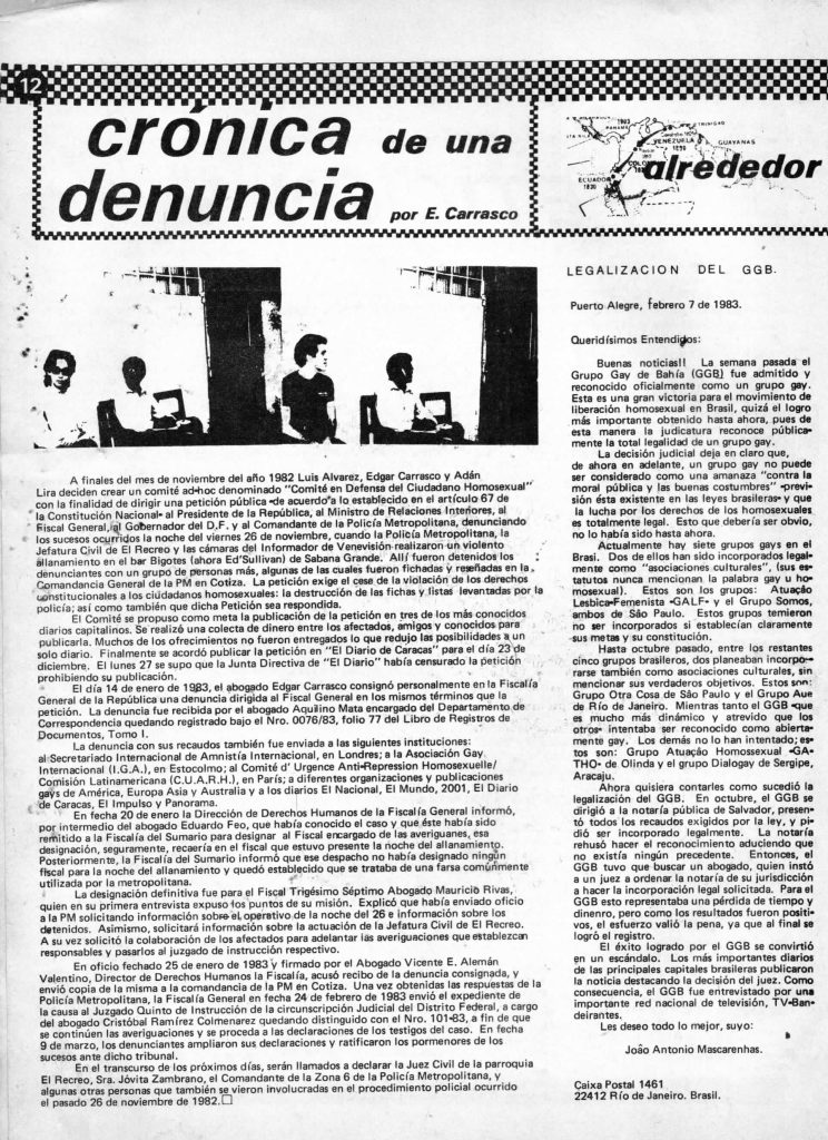 Edgar Carrasco. “Crónica de una denuncia”. En: Entendido, no. 7, Caracas, 1983, p. 12.