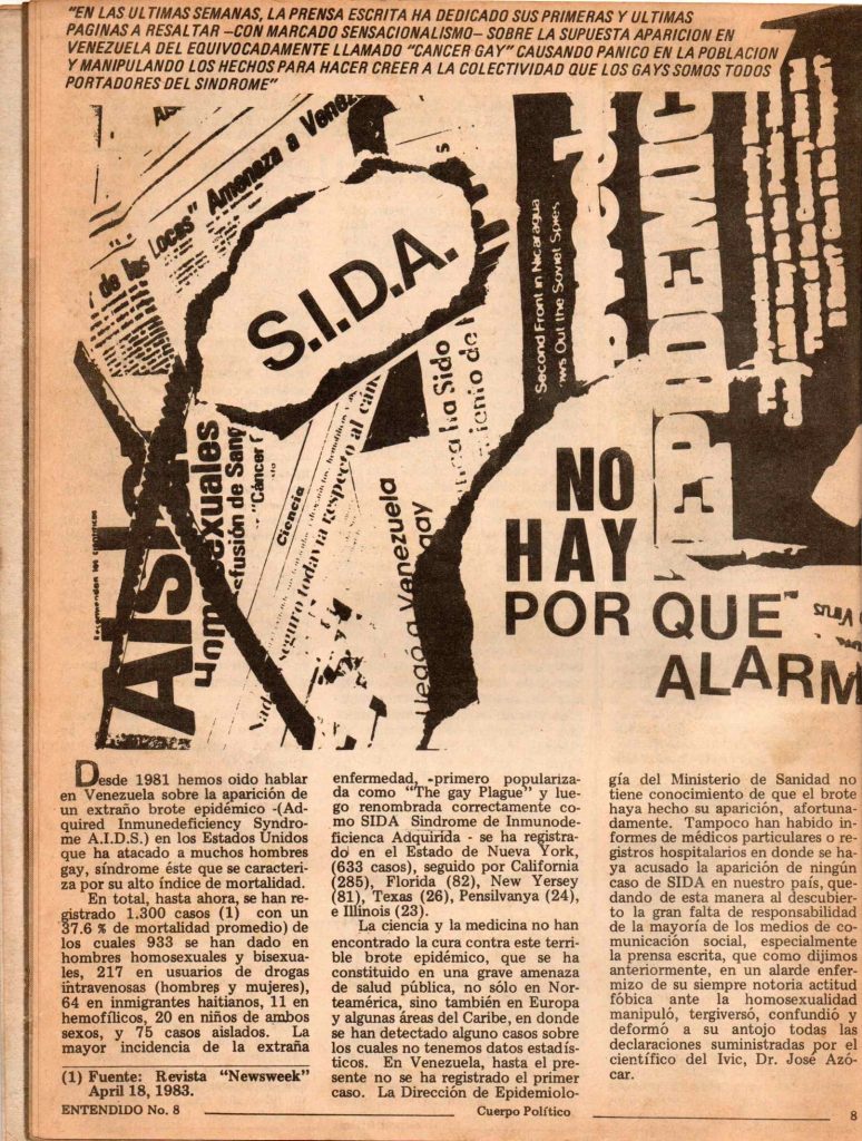 Equipo editorial Entendido. “Sida: no hay por qué alarmarse”. En: Entendido, no. 8, Caracas, 1983, p. 8.