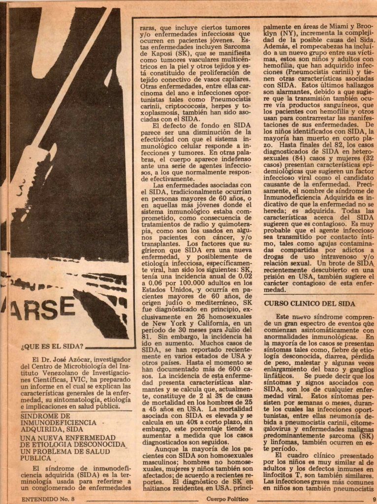 Equipo editorial Entendido. “Sida: no hay por qué alarmarse”. En: Entendido, no. 8, Caracas, 1983, p. 9