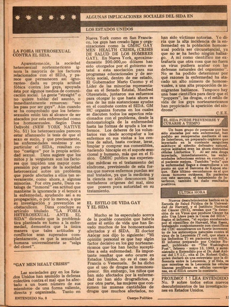 Equipo editorial Entendido. “Algunas implicaciones sociales del sida en los Estados Unidos”. En: Entendido, no. 8, Caracas, 1983, p. 12. 