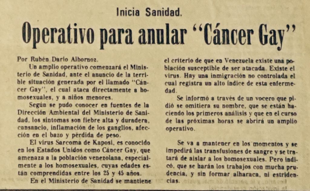 Rubén Darío Albornoz. “Operativo para anular «cáncer gay»”. En: El Mundo, Caracas, 23 de abril de 1983, p. 33