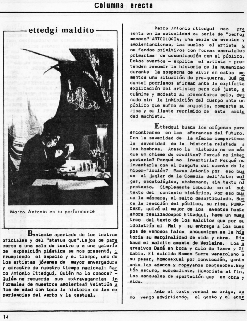 J.V.P. (Javier Vidal) “Ettedgui maldito”, Columna Erecta. En: Entendido, año 1, no. 2, Caracas, agosto 1980, pp. 14-15