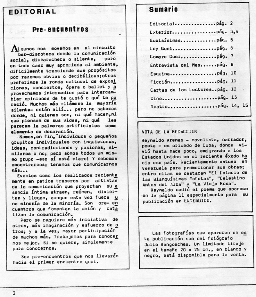 Anuncio de venta de fotos de Julio Vengoechea. En: Entendido, año 1, no. 2, Caracas, agosto 1980, p. 2