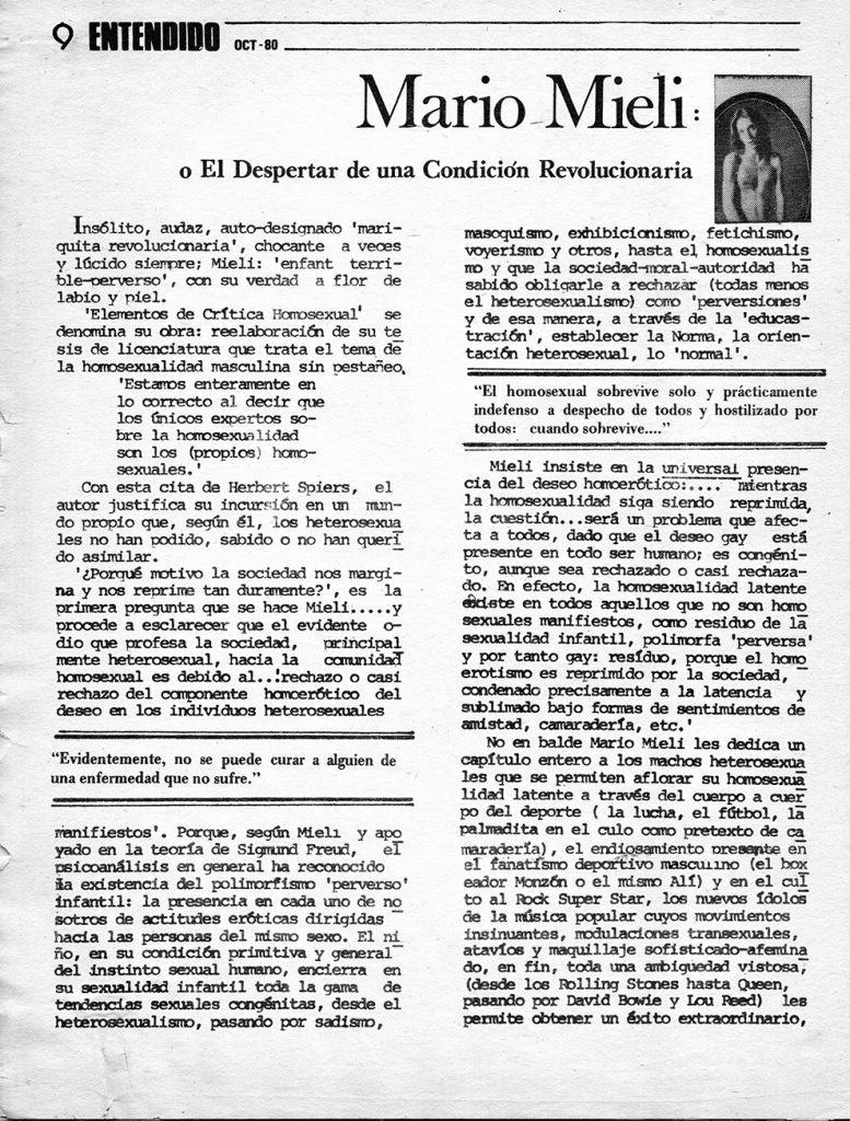 Julio Vengoechea. Sección: “Investigación”. 'Mario Mieli, o el despertar de una condición revolucionaria'. En: Entendido, año 1, no. 3, Caracas, octubre, 1980, pp. 9-11