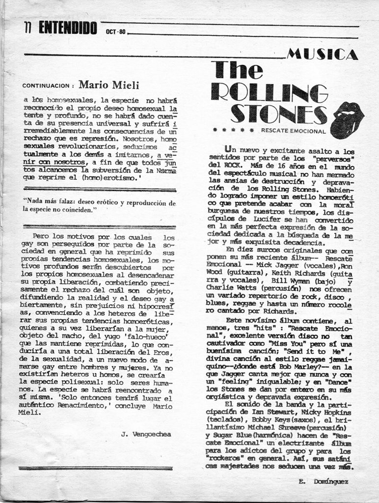 Julio Vengoechea. Sección: “Investigación”. 'Mario Mieli, o el despertar de una condición revolucionaria'. En: Entendido, año 1, no. 3, Caracas, octubre, 1980, pp. 9-11