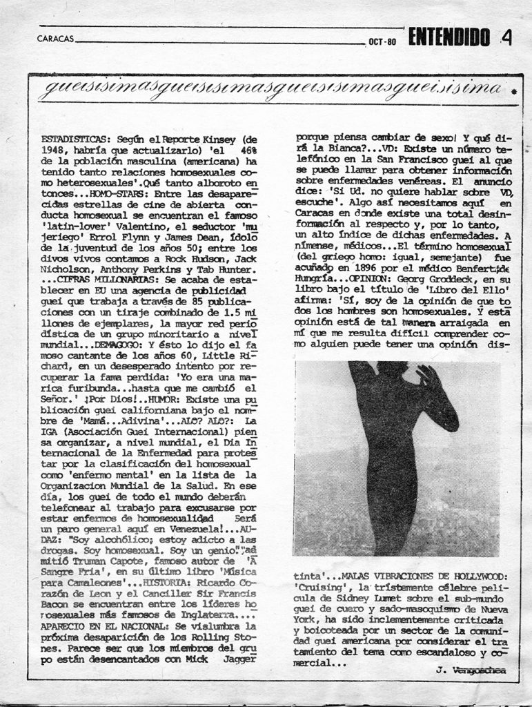 Julio Vengoechea. Sección “Gueisísimas”. En: Entendido, año 1, no. 3, Caracas, octubre, 1980, p. 4