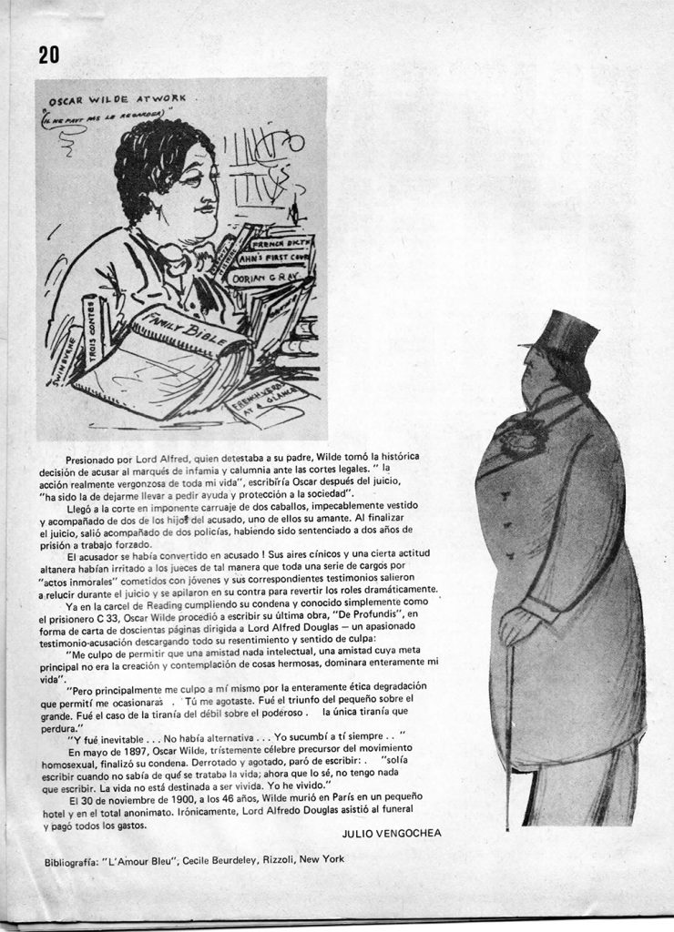 Julio Vengoechea. Sección: “Historia”, “Oscar Wilde, 1854-1900”. En: Entendido, año 1, no. 4, Caracas, diciembre 1980 – enero 1981, pp. 18-20