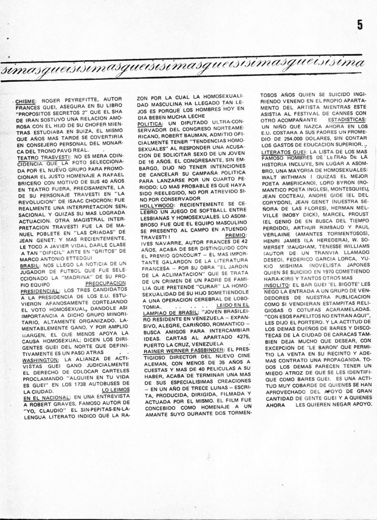 Julio Vengoechea. Sección: “Gueisísimas”. En: Entendido, año 1, no. 4, Caracas, diciembre 1980 – enero 1981, p. 5