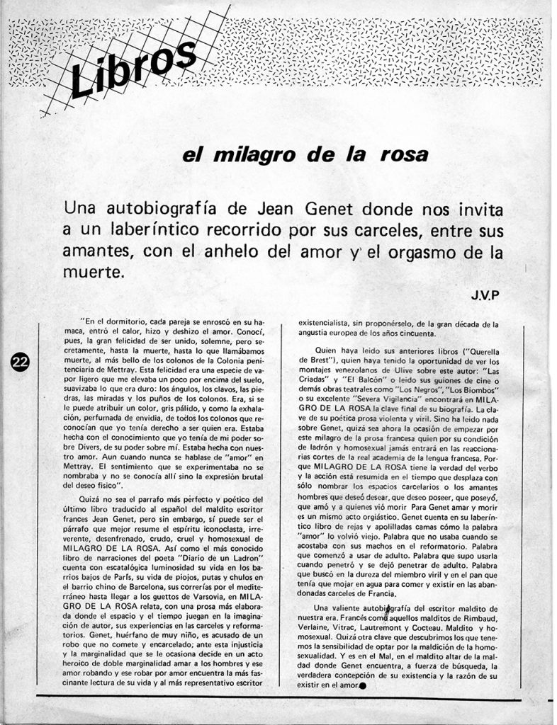 Julio Vengoechea. Sección: “Libros”, “El milagro de la rosa”. En Entendido, año 2, no. 5, Caracas, marzo-abril 1981, p. 22