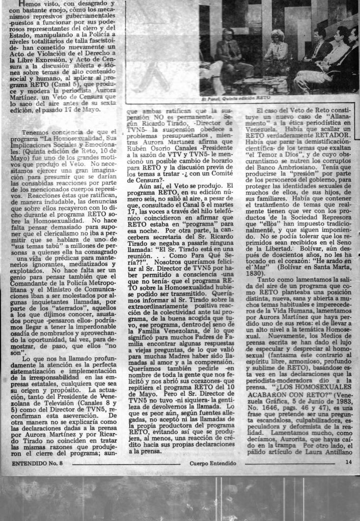 “Reto. ¿Por qué el veto?”. En: Entendido, número 8, Caracas, 1983, pp. 14-15