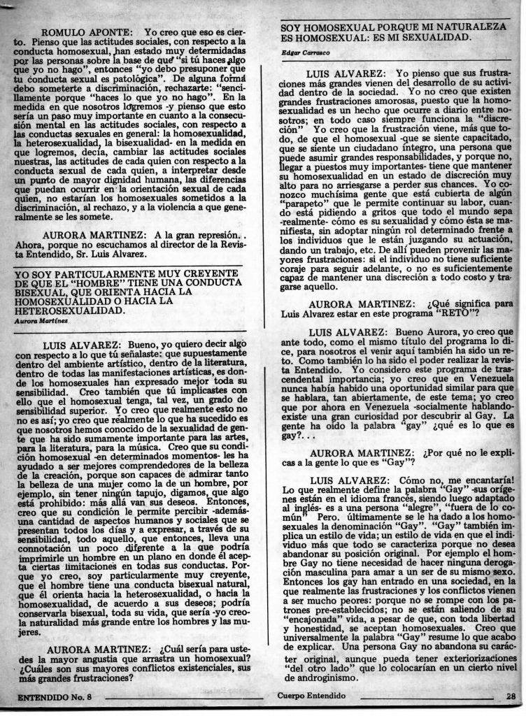 “La homosexualidad… un tema de los que NO se habla en televisión”. En: Entendido, número 8, Caracas, 1983, pp. 24-32