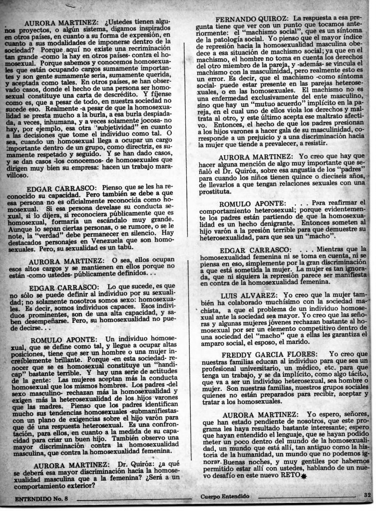 “La homosexualidad… un tema de los que NO se habla en televisión”. En: Entendido, número 8, Caracas, 1983, pp. 24-32