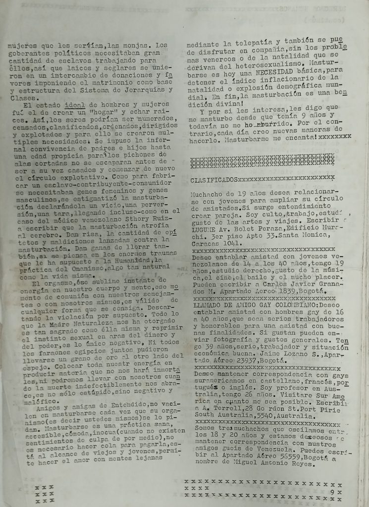 Khaliana Khan. “Un tabú llamado masturbación” (cont) y sección “Clasificados”. En: Boletín Informativo del Grupo Entendido, n.º 1, Caracas, febrero-marzo 1982, p. 9.