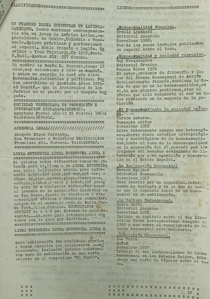 Sección “Clasificados” (cont.) y sección “Libros”. En: Boletín Informativo del Grupo Entendido, n.º 1, Caracas, febrero-marzo 1982, p. 10.